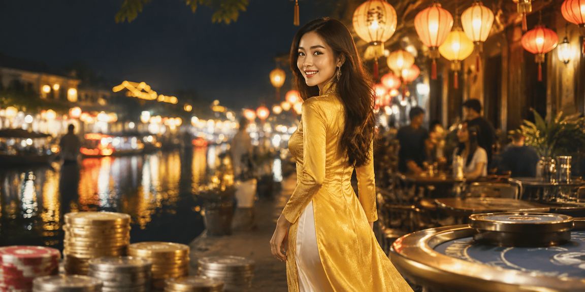 Người phụ nữ mặc áo dài theo dõi cá cược thể thao tại Hội An